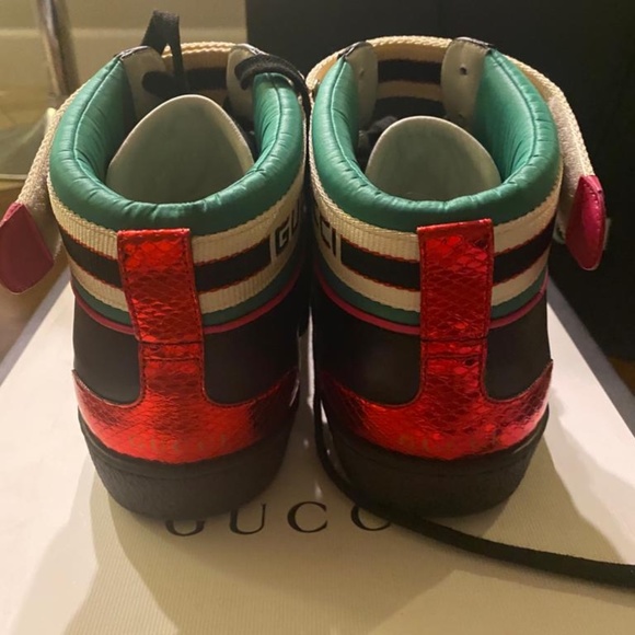 Gucci Mens Black Ace sneakers in soft leather w Web bands nylon NIB New in Box - Picture 4 of 11